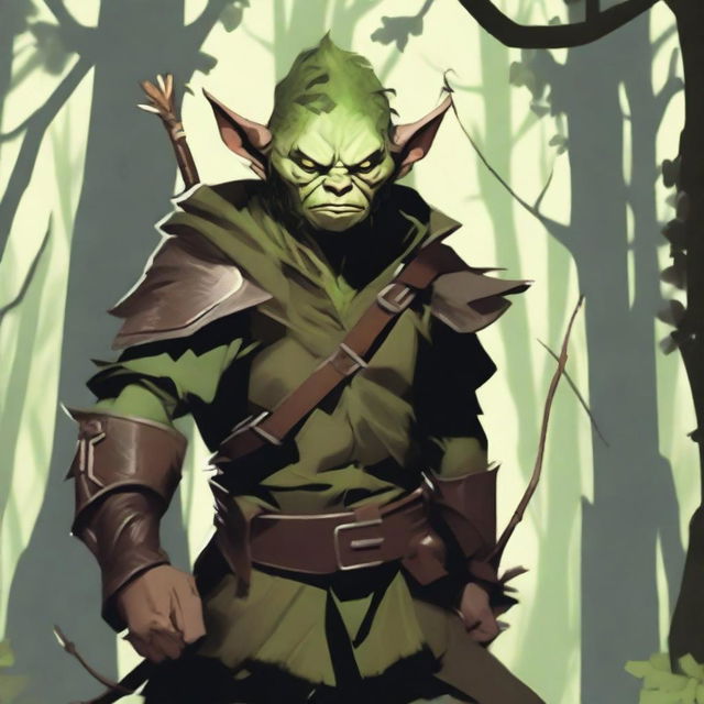 A cunning goblin ranger in rugged, forest-themed attire