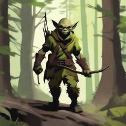 A cunning goblin ranger in rugged, forest-themed attire