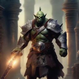 A formidable orc cleric wearing heavy armor adorned with religious symbols