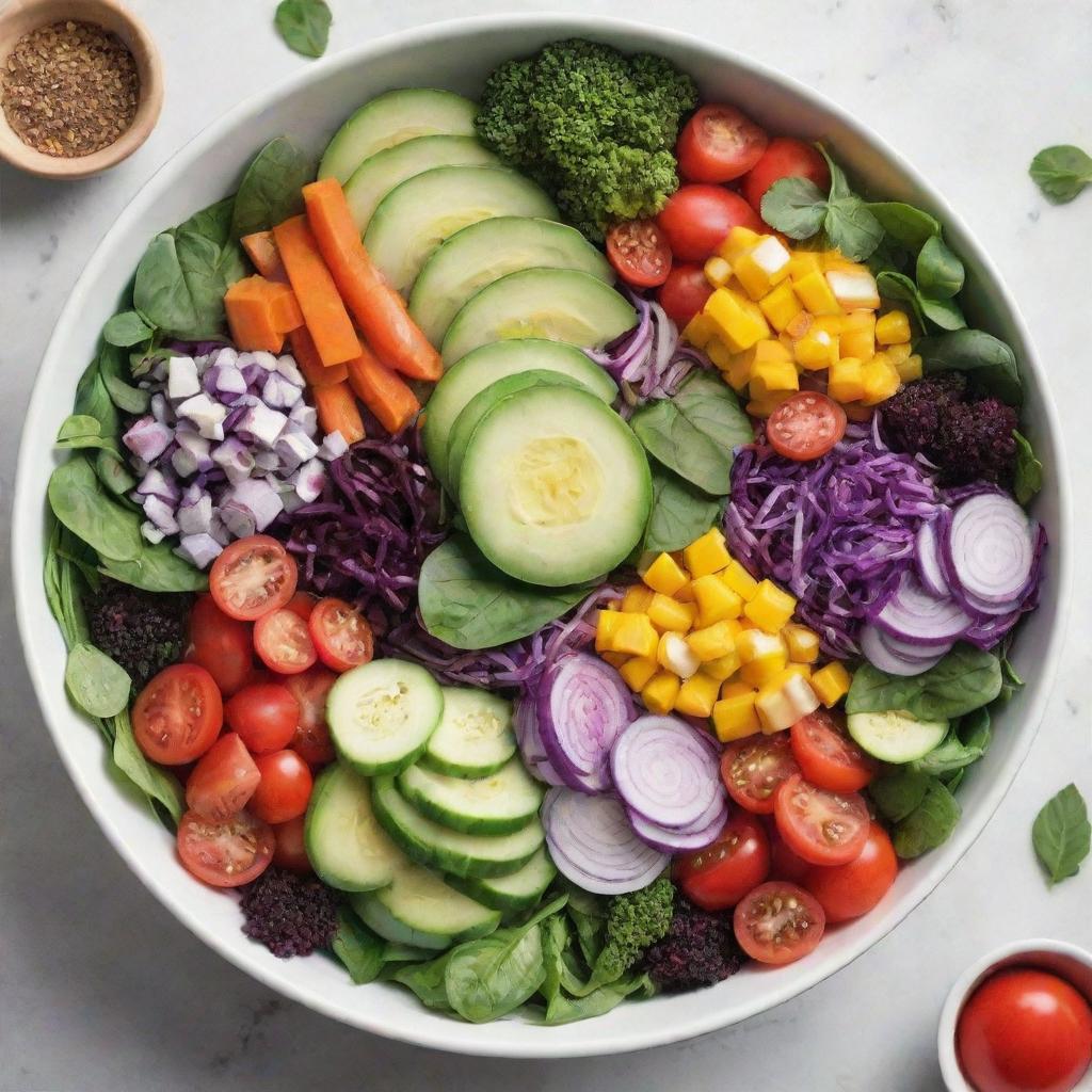 A vibrant, colorful salad filled with an array of fresh veggies in all colors of the rainbow, beautifully arranged in a single bowl on a white surface.