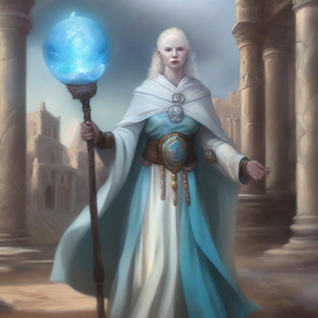 A detailed illustration of a female half-ogre cleric with albinism