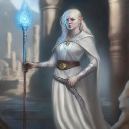 A detailed illustration of a female half-ogre cleric with albinism