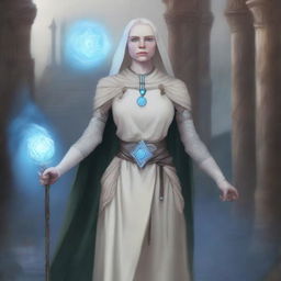 A detailed illustration of a female half-ogre cleric with albinism