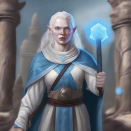 A detailed illustration of a female half-ogre cleric with albinism