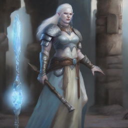 A detailed illustration of a female half-orc cleric with albinism