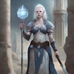 A detailed illustration of a female half-orc cleric with albinism