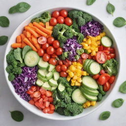 A vibrant, colorful salad filled with an array of fresh veggies in all colors of the rainbow, beautifully arranged in a single bowl on a white surface.