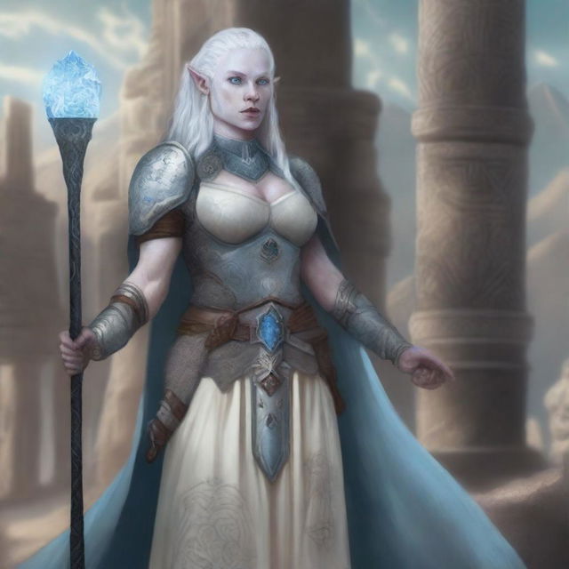 A detailed illustration of a female half-orc cleric with albinism