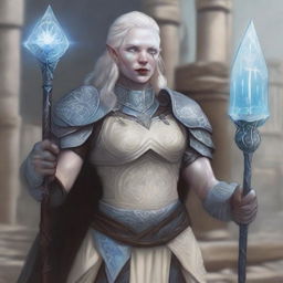 A detailed illustration of a female half-orc cleric with albinism