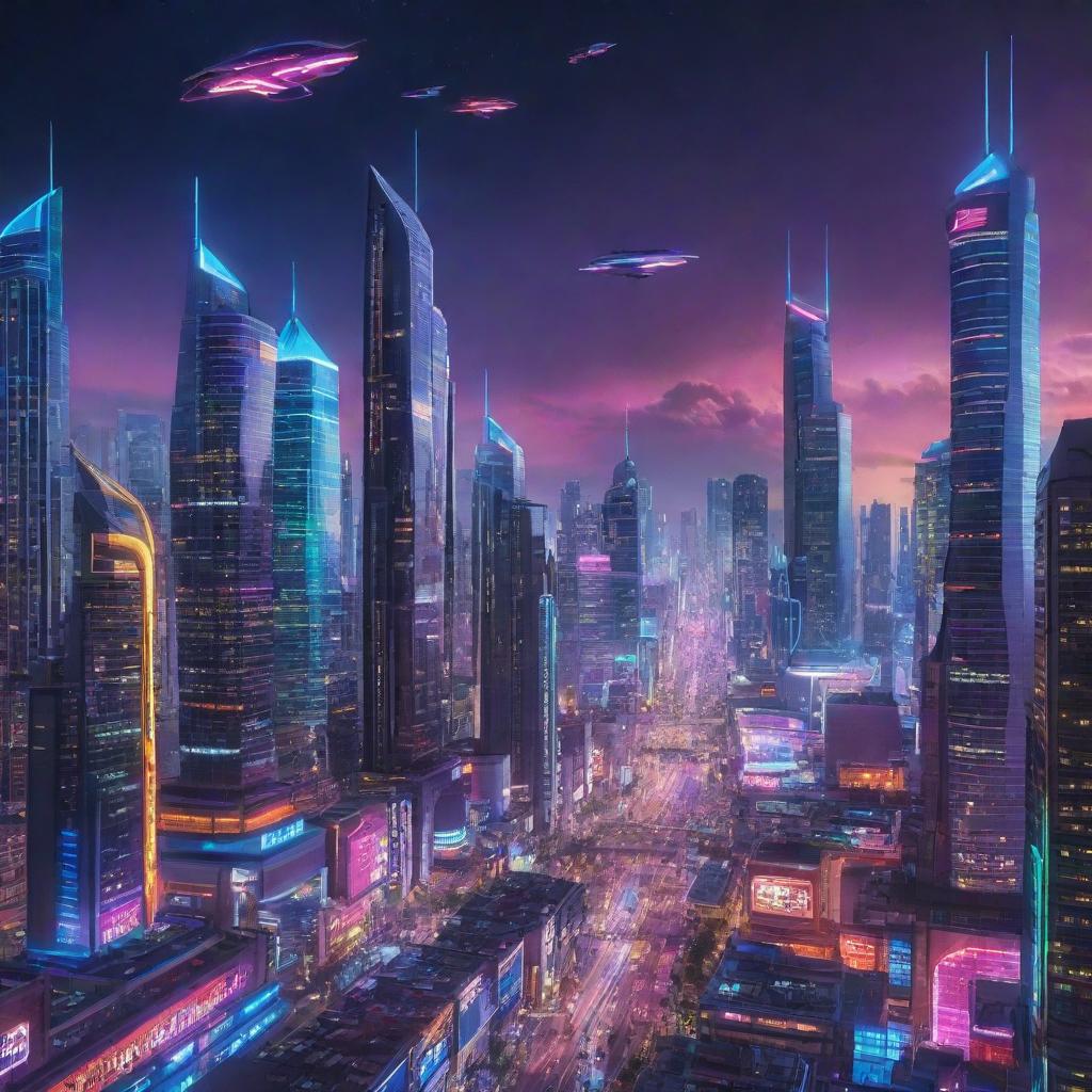 A sprawling, futuristic city with sleek skyscrapers, neon lights, flying cars and a vibrant, technicolor night sky.