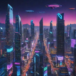 A sprawling, futuristic city with sleek skyscrapers, neon lights, flying cars and a vibrant, technicolor night sky.