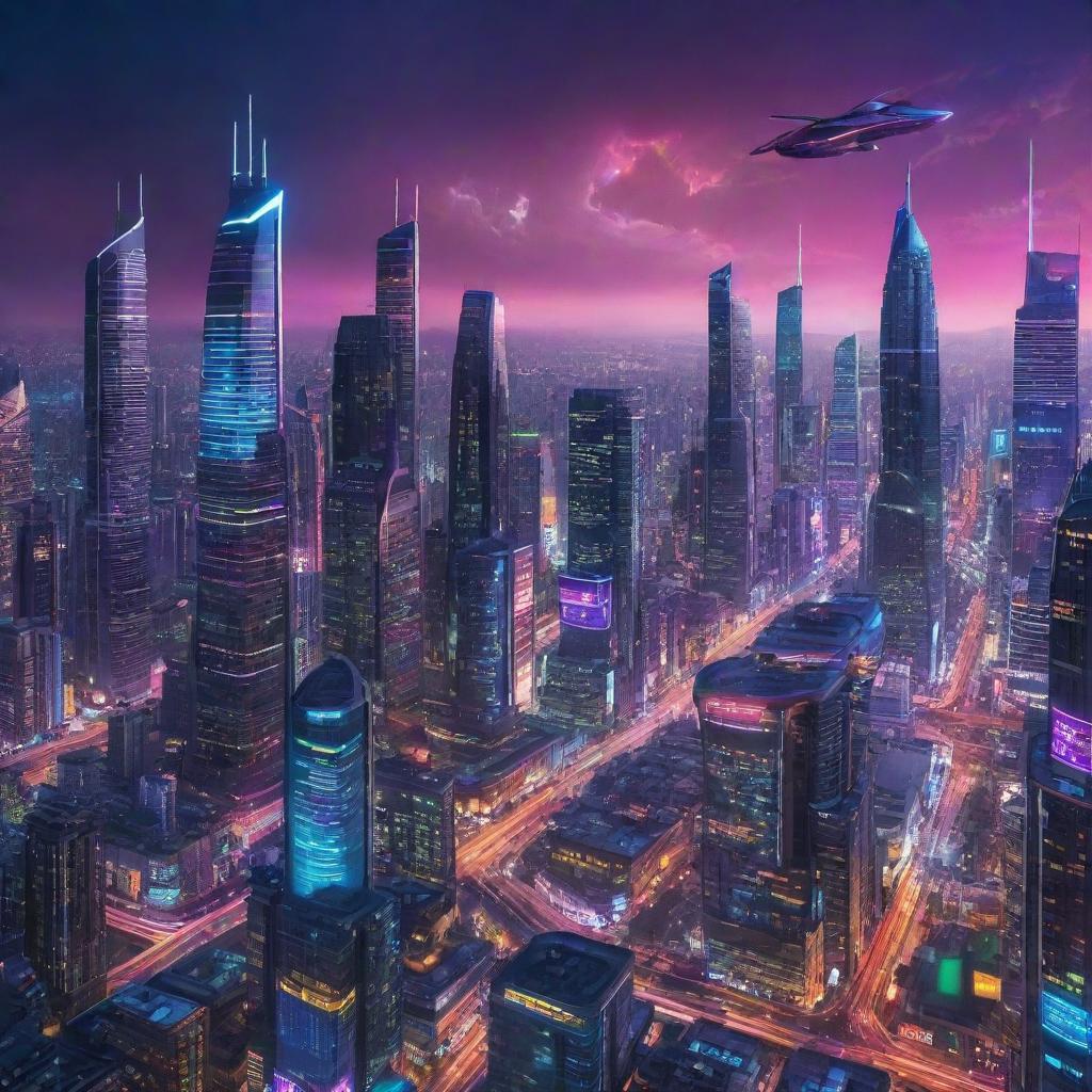 A sprawling, futuristic city with sleek skyscrapers, neon lights, flying cars and a vibrant, technicolor night sky.