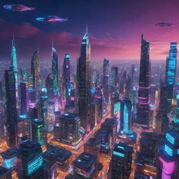 A sprawling, futuristic city with sleek skyscrapers, neon lights, flying cars and a vibrant, technicolor night sky.