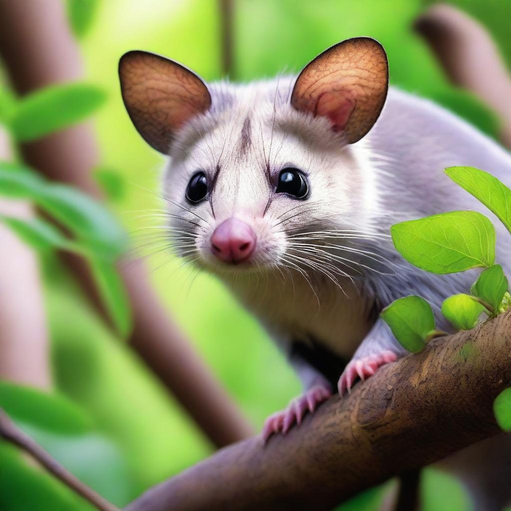 A detailed and vibrant image of a possum in a natural setting