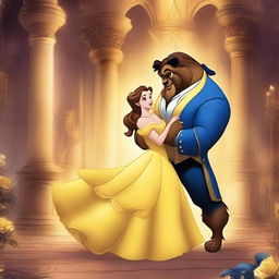 A beautiful scene depicting Belle and the Beast from 'Beauty and the Beast', set in an enchanting castle with warm, magical lighting