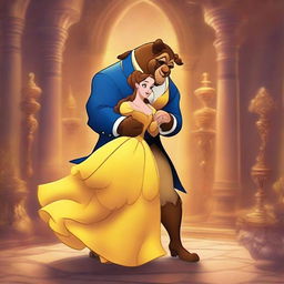 A beautiful scene depicting Belle and the Beast from 'Beauty and the Beast', set in an enchanting castle with warm, magical lighting