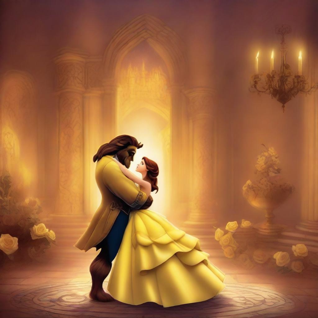 A beautiful scene depicting Belle and the Beast from 'Beauty and the Beast', set in an enchanting castle with warm, magical lighting