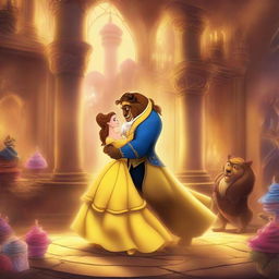 A beautiful scene depicting Belle and the Beast from 'Beauty and the Beast', set in an enchanting castle with warm, magical lighting