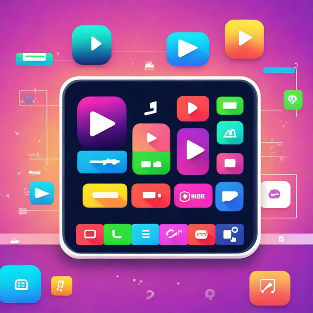 A vibrant and colorful scene showing a video player interface with playful elements