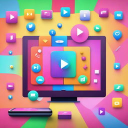 A vibrant and colorful scene showing a video player interface with playful elements