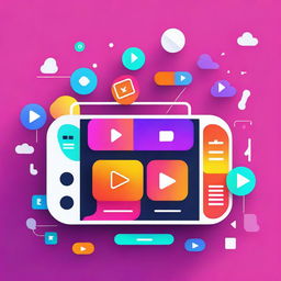 A vibrant and colorful scene showing a video player interface with playful elements