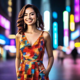 A woman wearing a short dress, standing confidently with a smile