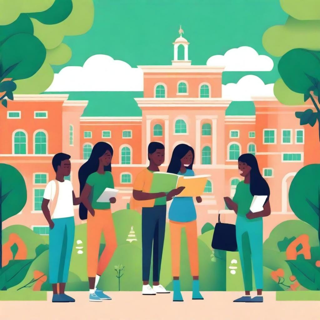 A vibrant and engaging book cover featuring a group of diverse students working together on a startup project on a university campus