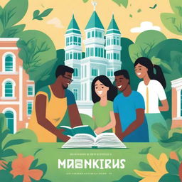 A vibrant and engaging book cover featuring a group of diverse students working together on a startup project on a university campus