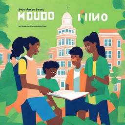 A vibrant and engaging book cover featuring a group of diverse students working together on a startup project on a university campus