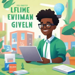 A vibrant book cover depicting a young black student immersed in a startup environment