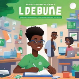 A vibrant book cover depicting a young black student immersed in a startup environment