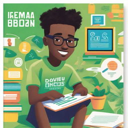 A vibrant book cover depicting a young black student immersed in a startup environment