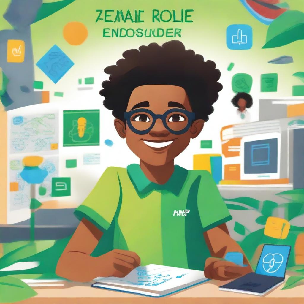 A vibrant book cover depicting a young black student immersed in a startup environment