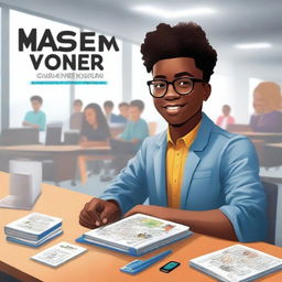 A captivating book cover featuring a young Black student entrepreneur in a modern startup environment