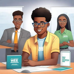 A captivating book cover featuring a young Black student entrepreneur in a modern startup environment