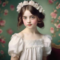 Create a photographic-style image of a Victorian girl with a perfect face and expressive eyes