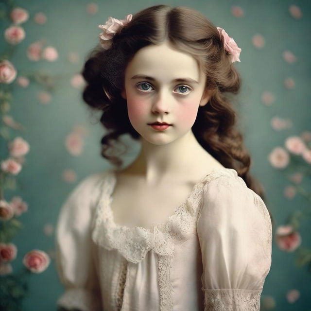 Create a photographic-style image of a Victorian girl with a perfect face and expressive eyes