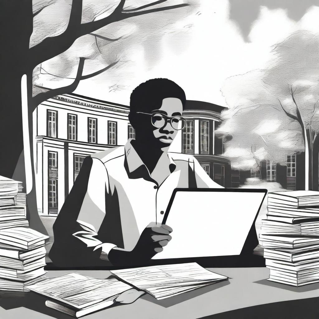 A black and white illustration of a student entrepreneur on a college campus, working on a startup idea