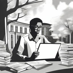 A black and white illustration of a student entrepreneur on a college campus, working on a startup idea