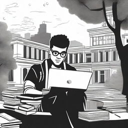 A black and white illustration of a student entrepreneur on a college campus, working on a startup idea