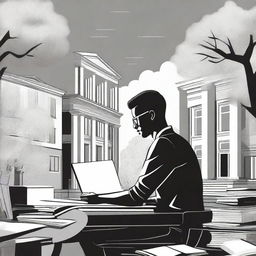 A black and white illustration of a student entrepreneur on a college campus, working on a startup idea