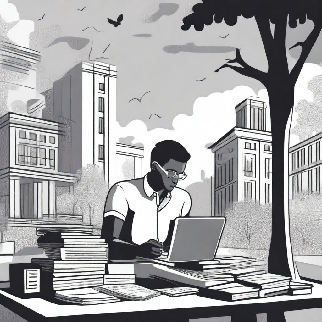 A black and white illustration of a student entrepreneur on a college campus, working on a startup idea