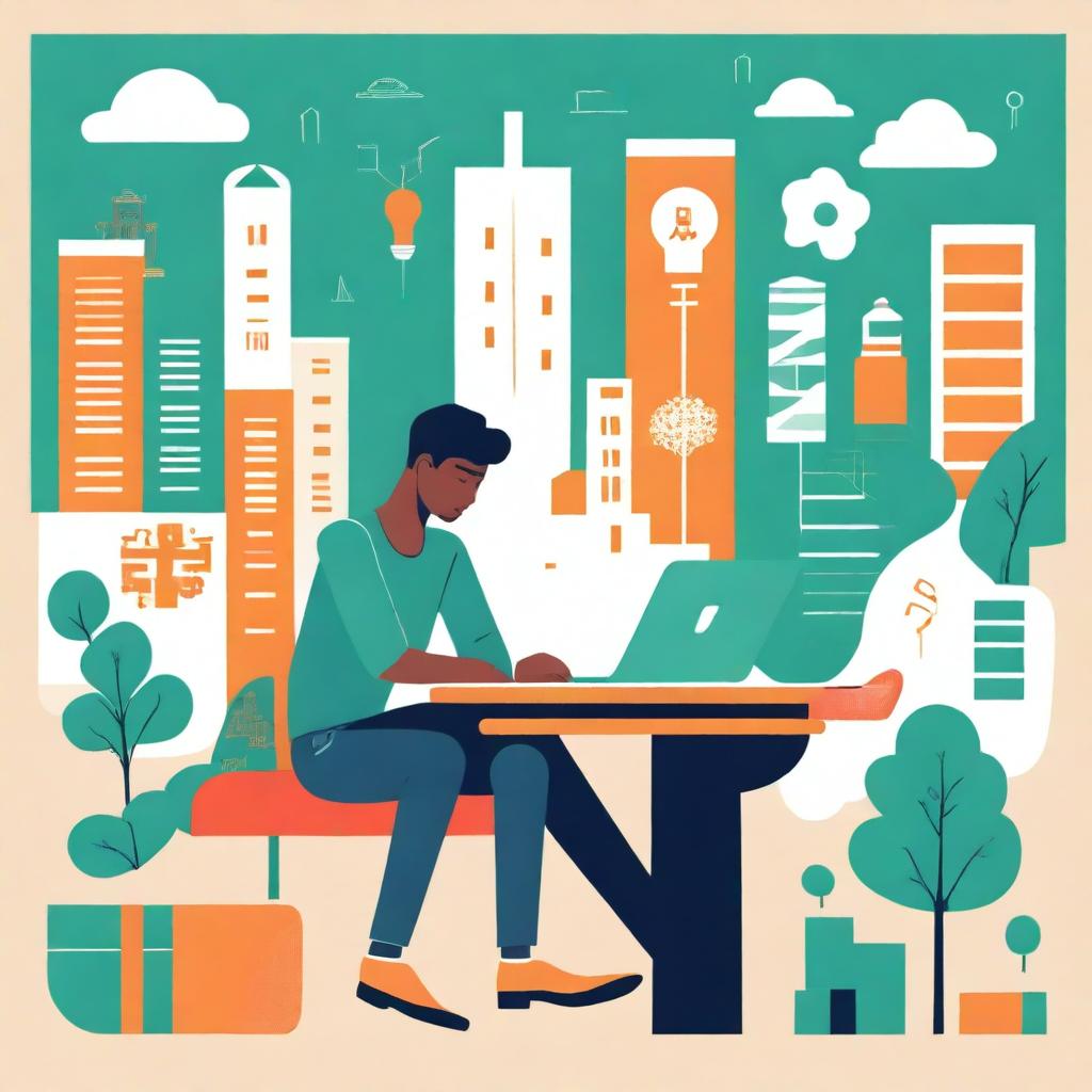 A book cover illustration showing a college student working on a startup project on campus