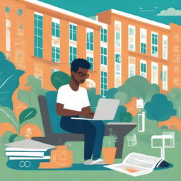 A book cover illustration showing a college student working on a startup project on campus