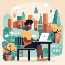 A book cover illustration showing a college student working on a startup project on campus