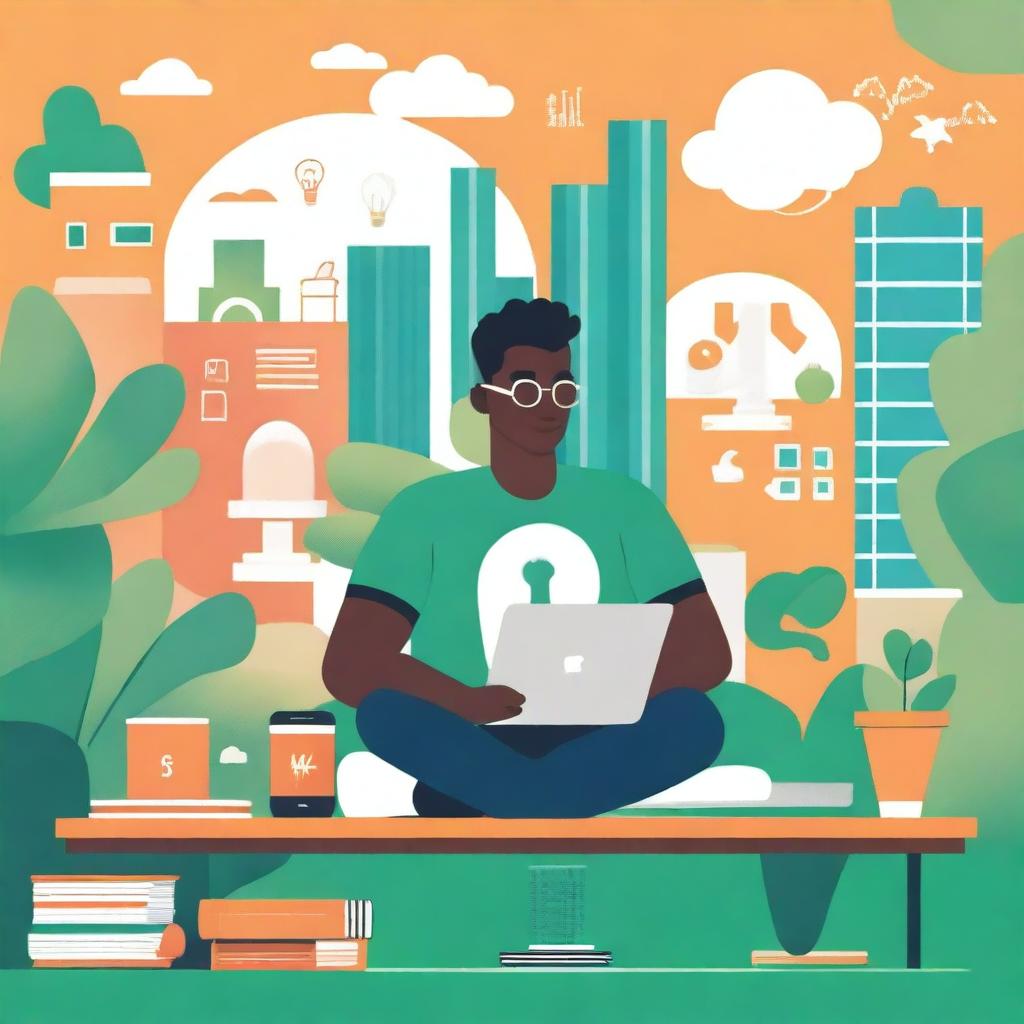 A book cover illustration showing a college student working on a startup project on campus