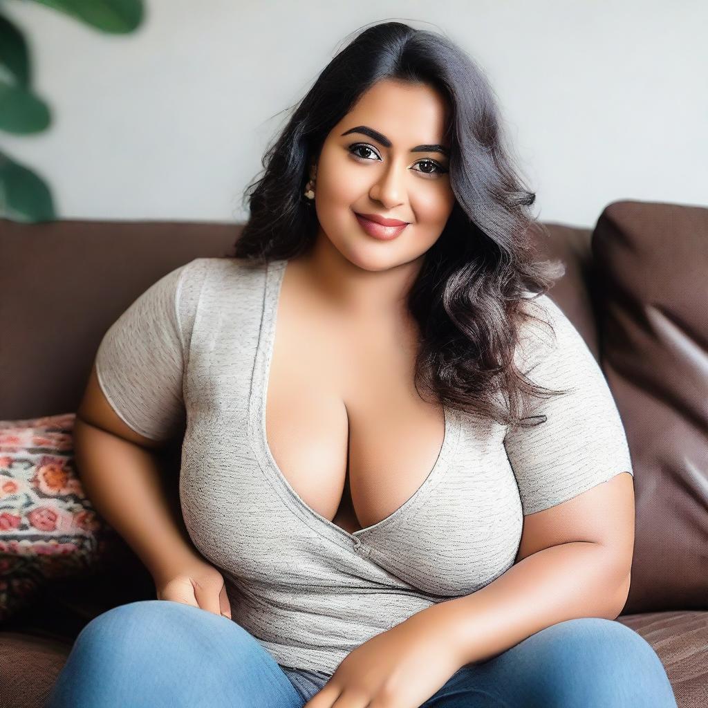 A woman with a voluptuous figure, specifically with large breasts, sitting on a couch in a relaxed pose