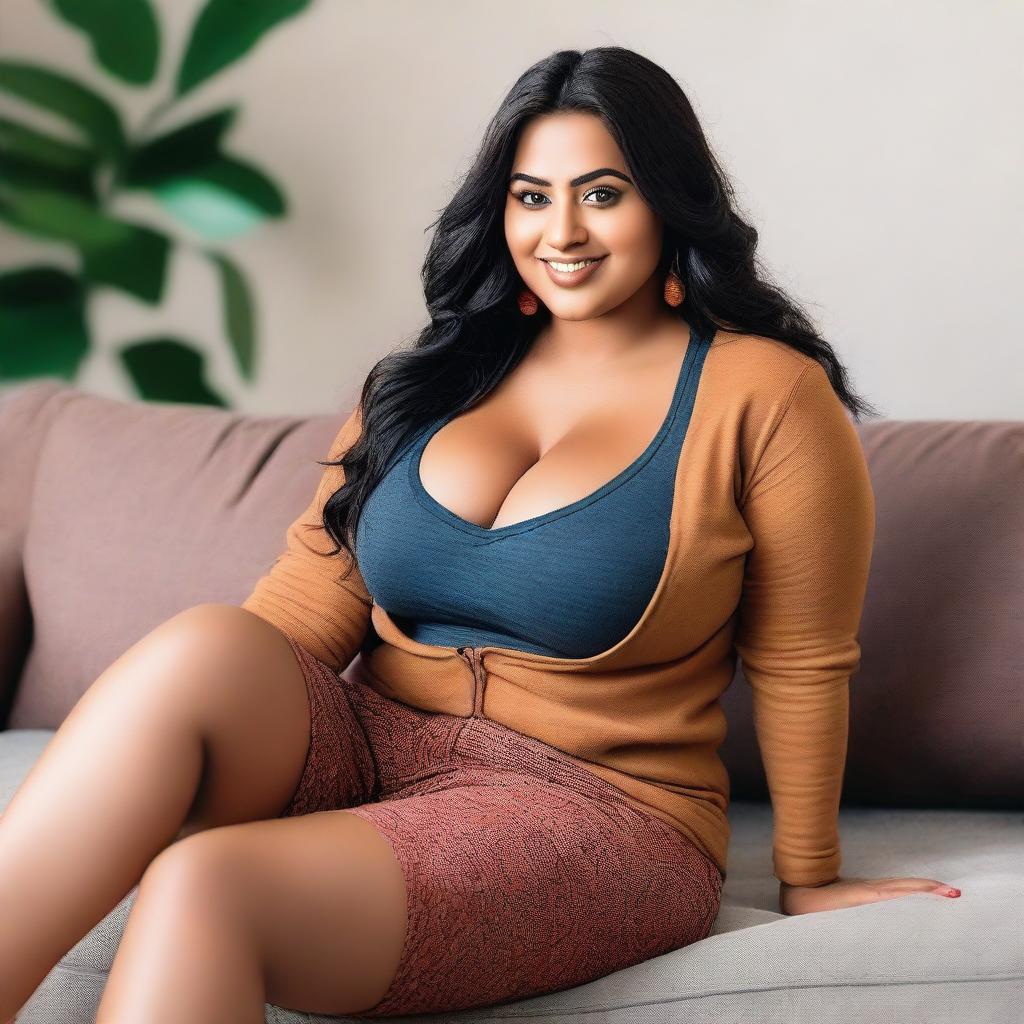 A woman with a voluptuous figure, specifically with large breasts, sitting on a couch in a relaxed pose