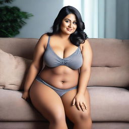 A woman with a voluptuous figure, specifically with large breasts, sitting on a couch in a relaxed pose