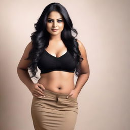 A beautiful Indian woman with a voluptuous figure, specifically with large breasts, posing confidently